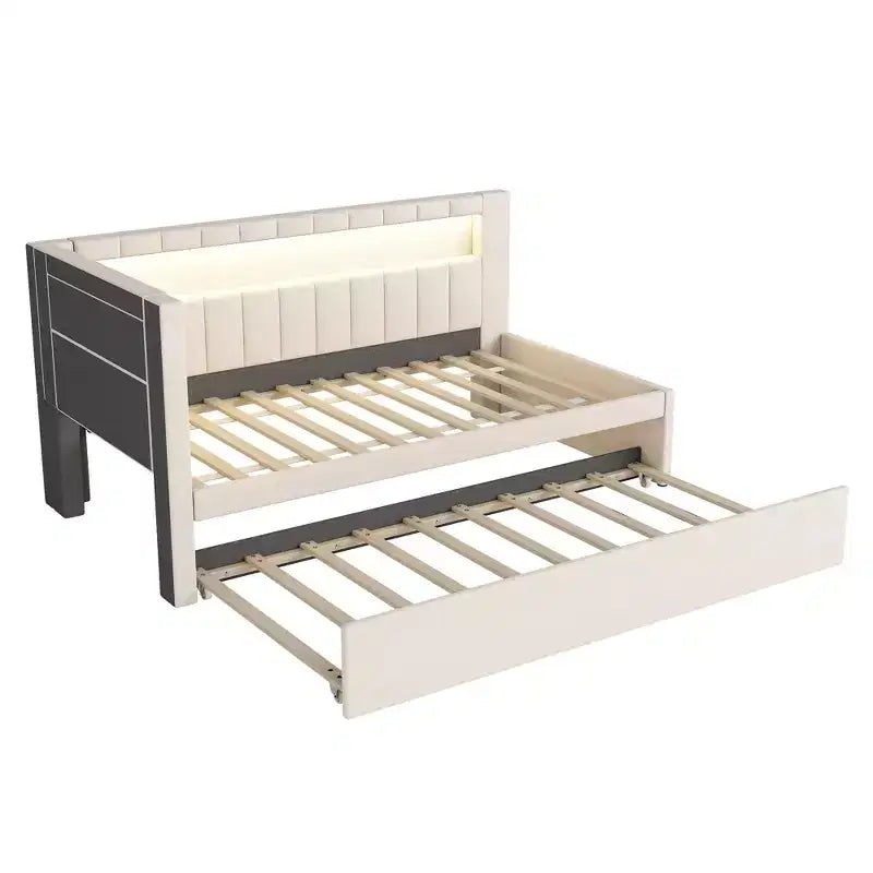 Lit de repos double/complet avec tiroir gigogne et tête de lit bibliothèque en L, lit d'angle doux rembourré en lin avec étagères de rangement et bande LED