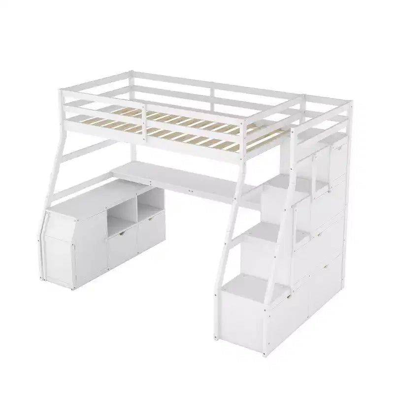 Lit mezzanine simple avec 7 tiroirs, 2 étagères, armoire et bureau pour enfants et adolescents