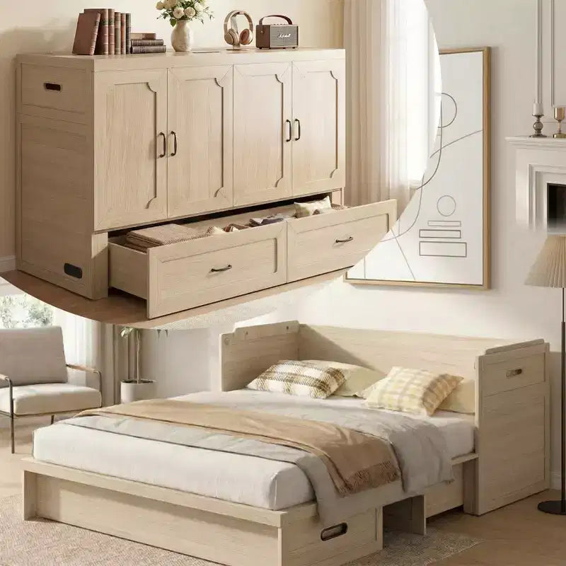 Lit armoire escamotable convertible Mjkone Queen Size avec chargement USB, tiroirs de rangement, matelas non inclus