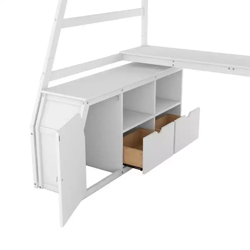 Lit mezzanine simple avec 7 tiroirs, 2 étagères, armoire et bureau pour enfants et adolescents