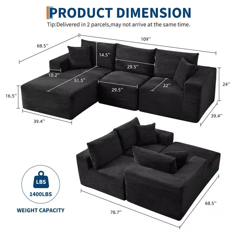 108 Modern Sofa Couch, 3 Seater Upholstered L Shaped Sofa with Pillows, Deep Seat Sofa, No Assembly Required