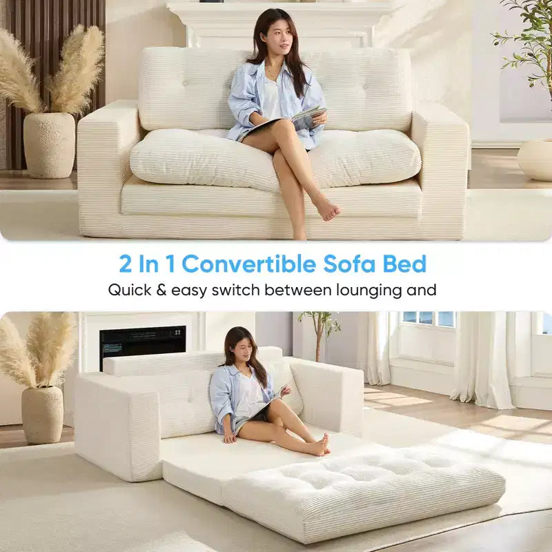 Mjkone Canapé-Lit Futon Convertible 2-en-1 180 cm, Canapé Deux Places Pliable en Tissu Côtelé avec Boutons Touffetés, Idéal pour Petits Espaces