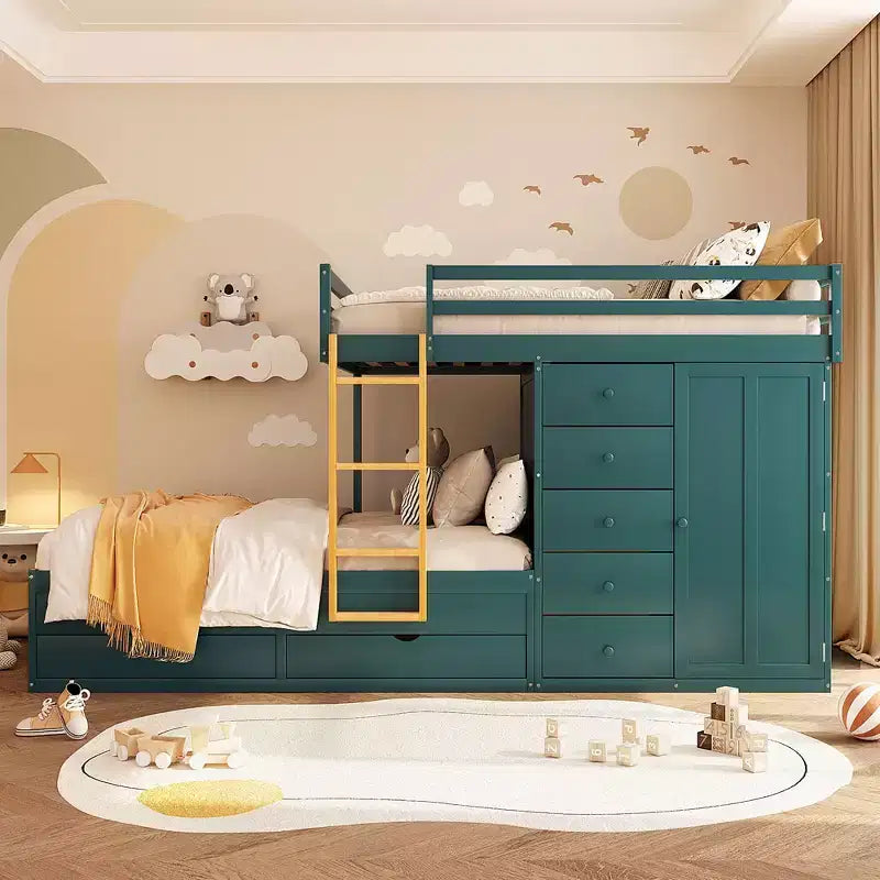 Lit superposé double sur double avec armoire de rangement et tiroirs, lit superposé double en bois peu encombrant avec garde-corps pour appartement, chambre à coucher