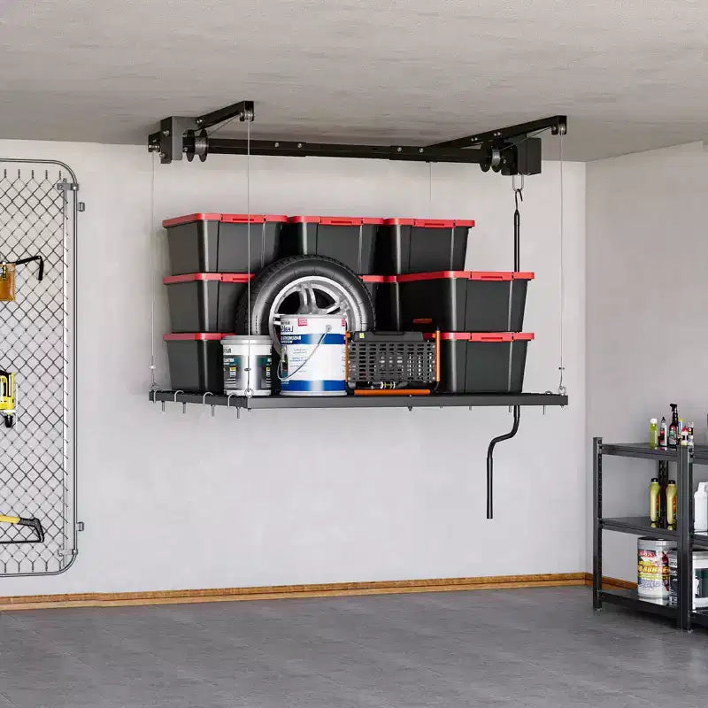 Étagère de rangement de garage robuste réglable, à fixation au plafond avec verrou de sécurité, capacité de 113 kg pour bacs, outils, vélos et garage