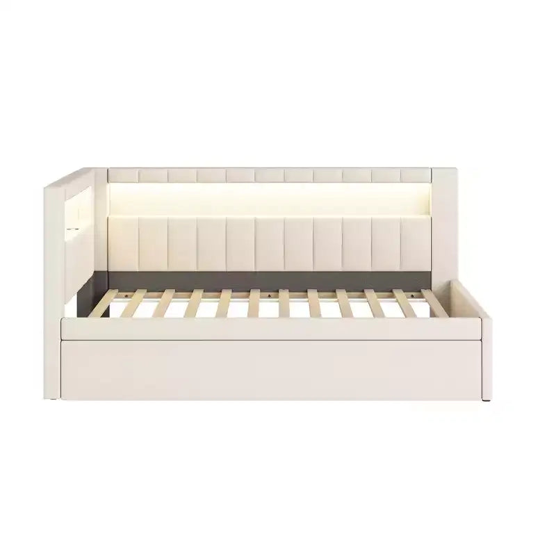Lit de repos double/complet avec tiroir gigogne et tête de lit bibliothèque en L, lit d'angle doux rembourré en lin avec étagères de rangement et bande LED