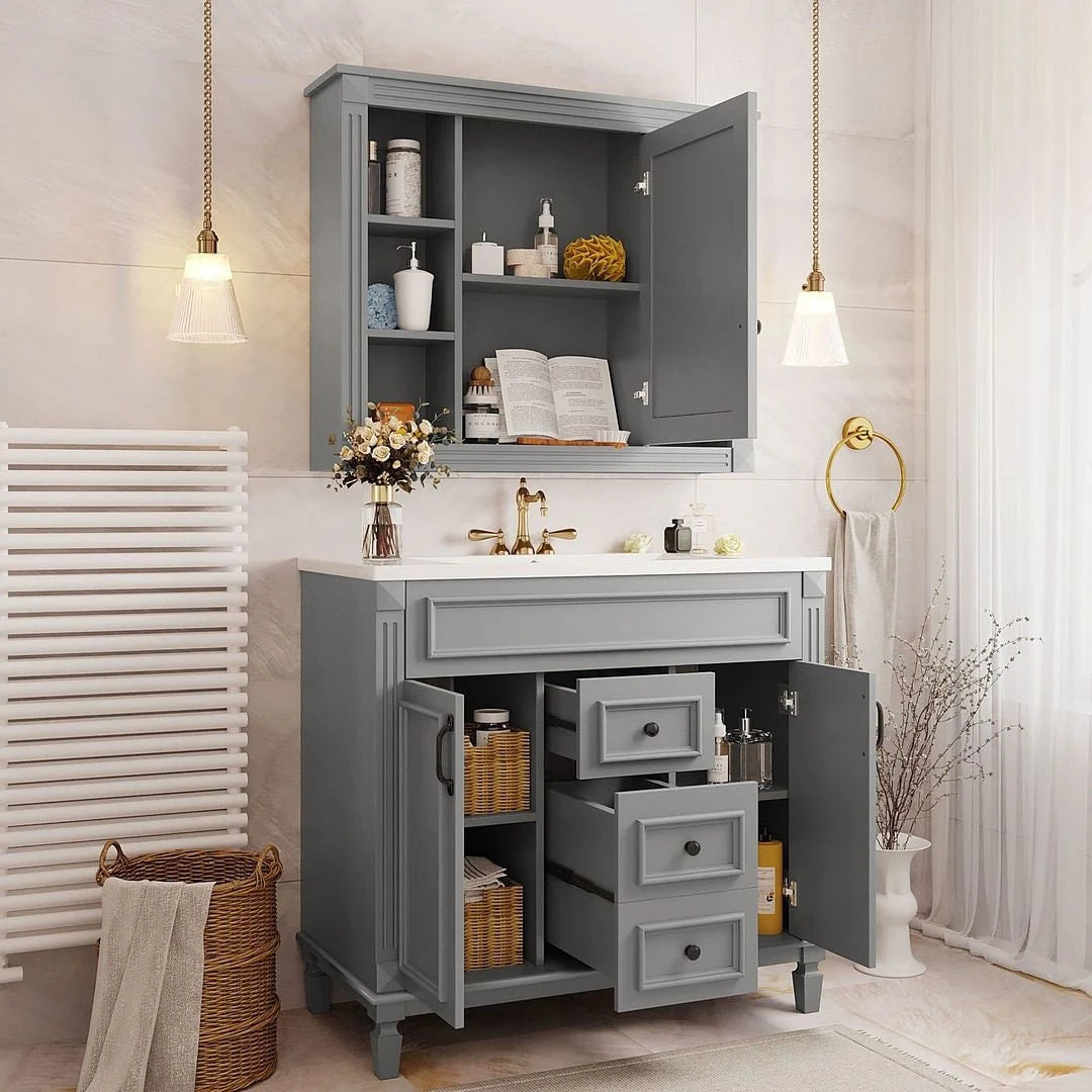 Meuble-lavabo de salle de bain moderne de 91 cm avec lavabo et armoire de toilette, 2 portes et 2 tiroirs