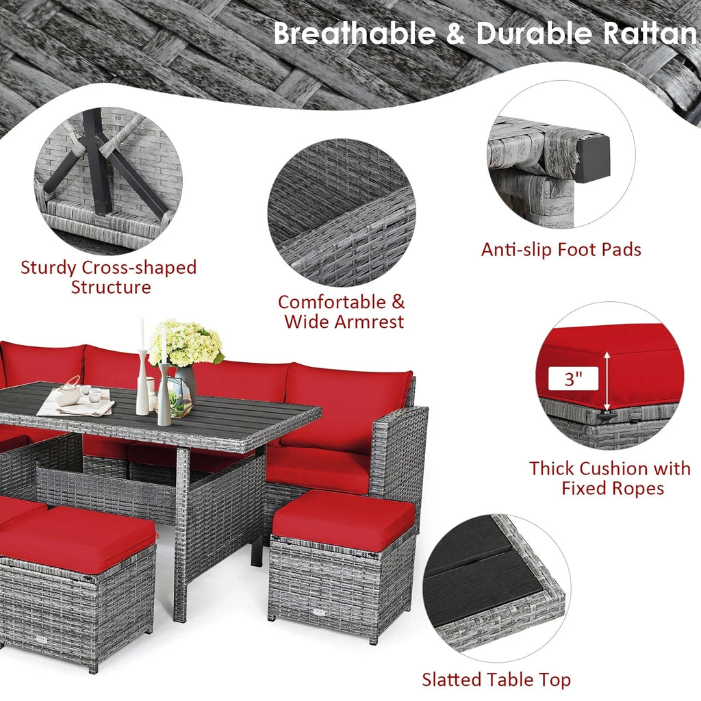 Ensemble de salle à manger Costway 7 pièces en rotin pour terrasse, canapé sectionnel et pouf - Voir détails