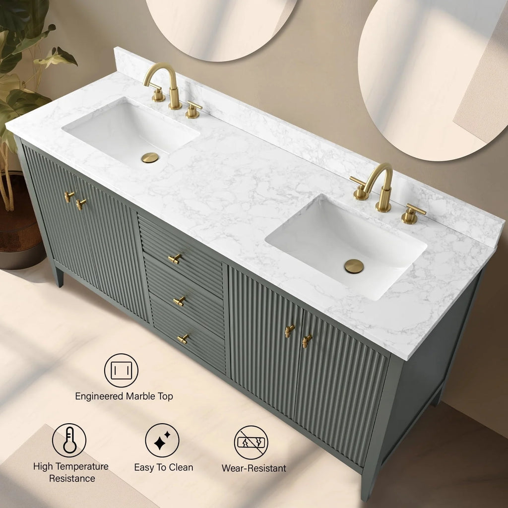 Meuble-lavabo de salle de bain Vanity Art 72 po à double vasque avec dessus en marbre reconstitué