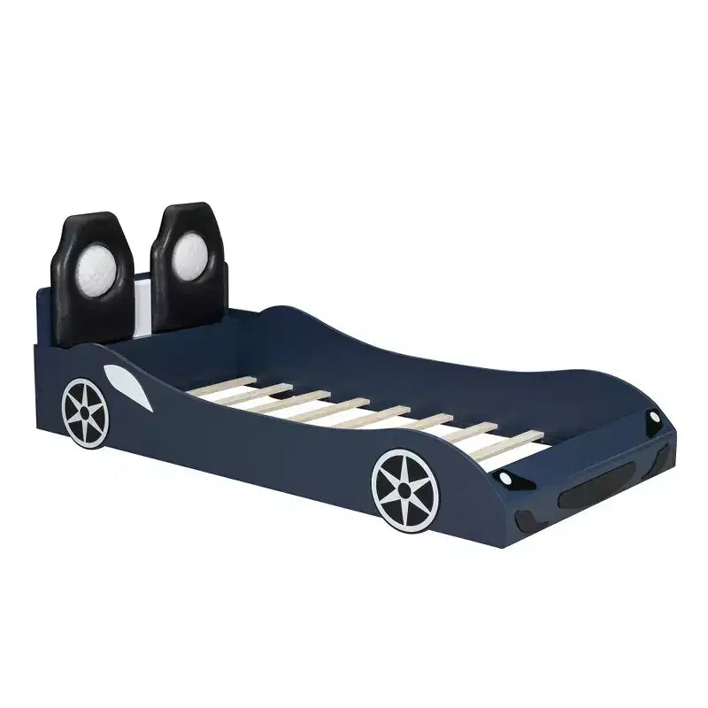Lit plateforme Whisen Wood en forme de voiture de course, taille double, avec LED et dossier rembourré