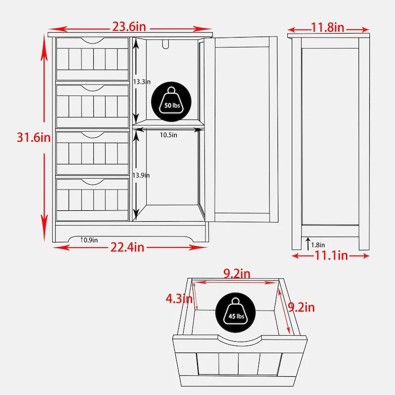 Meuble de Rangement Salle de Bain VEIKOUS sur Pied avec 4 Tiroirs