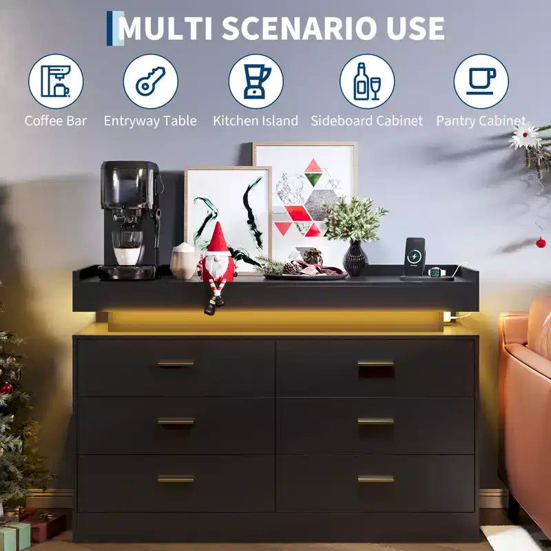Meuble TV moderne avec 6 tiroirs et lumières LED, bar à café flottant pour centre de divertissement de salon