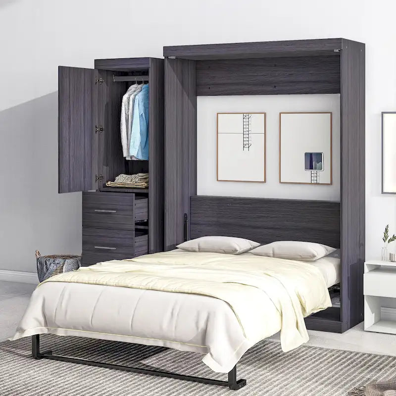 Lit escamotable gris avec armoire et 3 tiroirs, grand lit/lit simple, 1 personne
