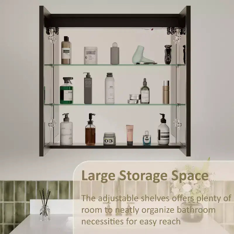 Armoire de toilette avec miroir LED, montage en saillie ou encastré, lumière dimmable, anti-buée, étagères réglables