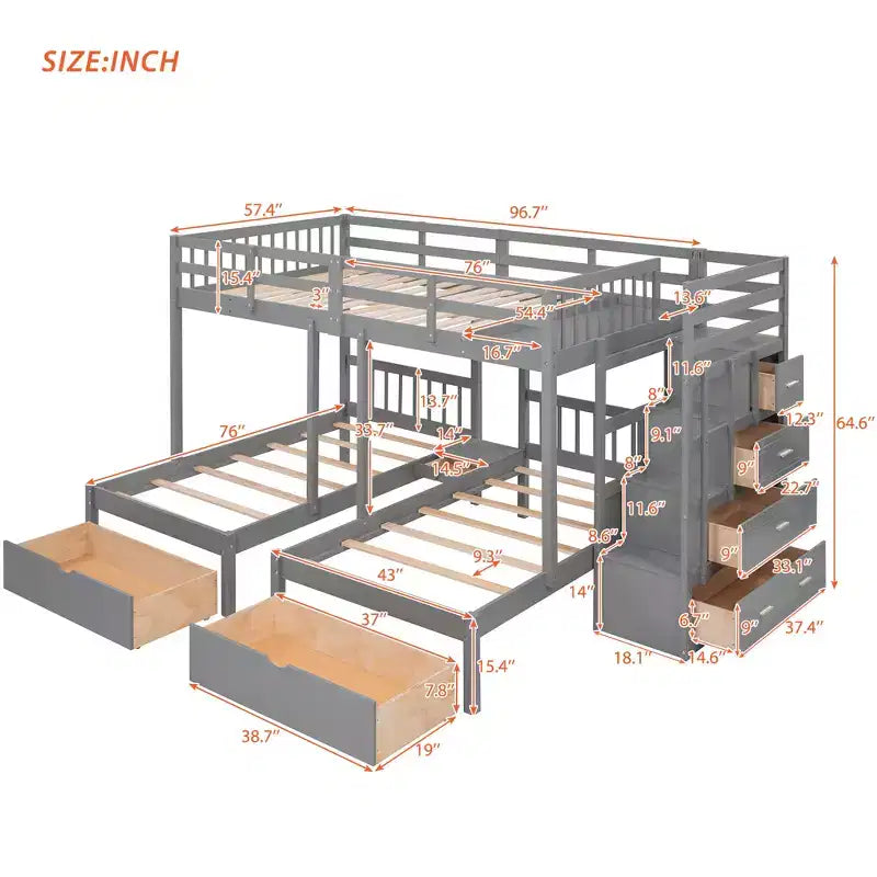 Lit superposé triple en bois Whisen, lit superposé double sur lits jumeaux avec tiroirs et garde-corps