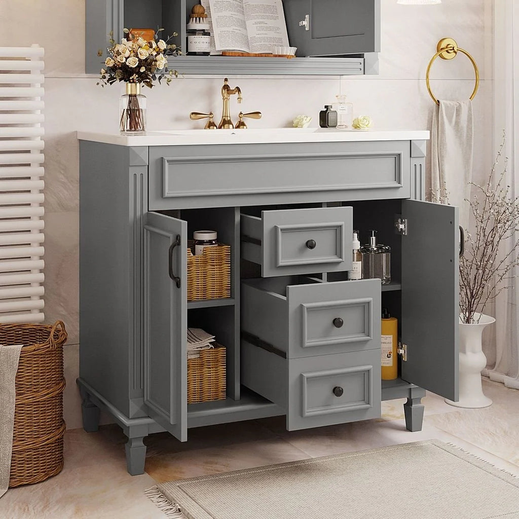 Meuble-lavabo de salle de bain moderne de 91 cm avec lavabo et armoire de toilette, 2 portes et 2 tiroirs