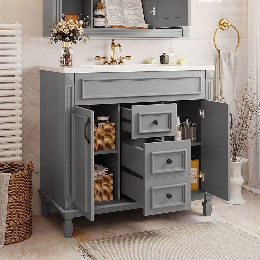 Meuble-lavabo de salle de bain moderne de 91 cm avec lavabo et armoire de toilette, 2 portes et 2 tiroirs