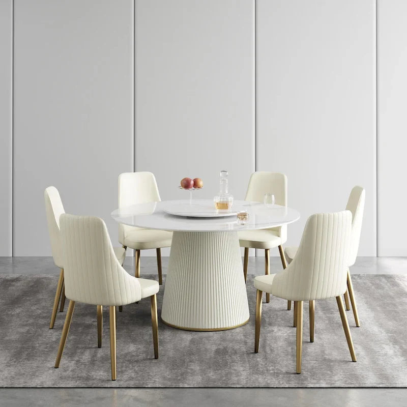 Table à manger ronde de 53 po pour 6 personnes avec plateau en pierre frittée et plateau tournant