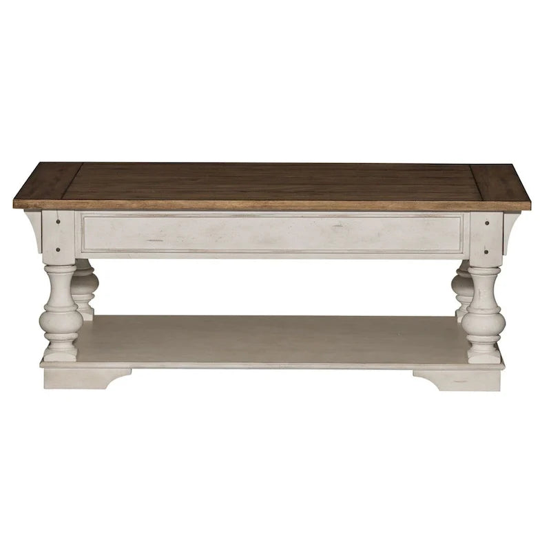 Table basse Morgan Creek blanc antique, avec accents tabac brossé.