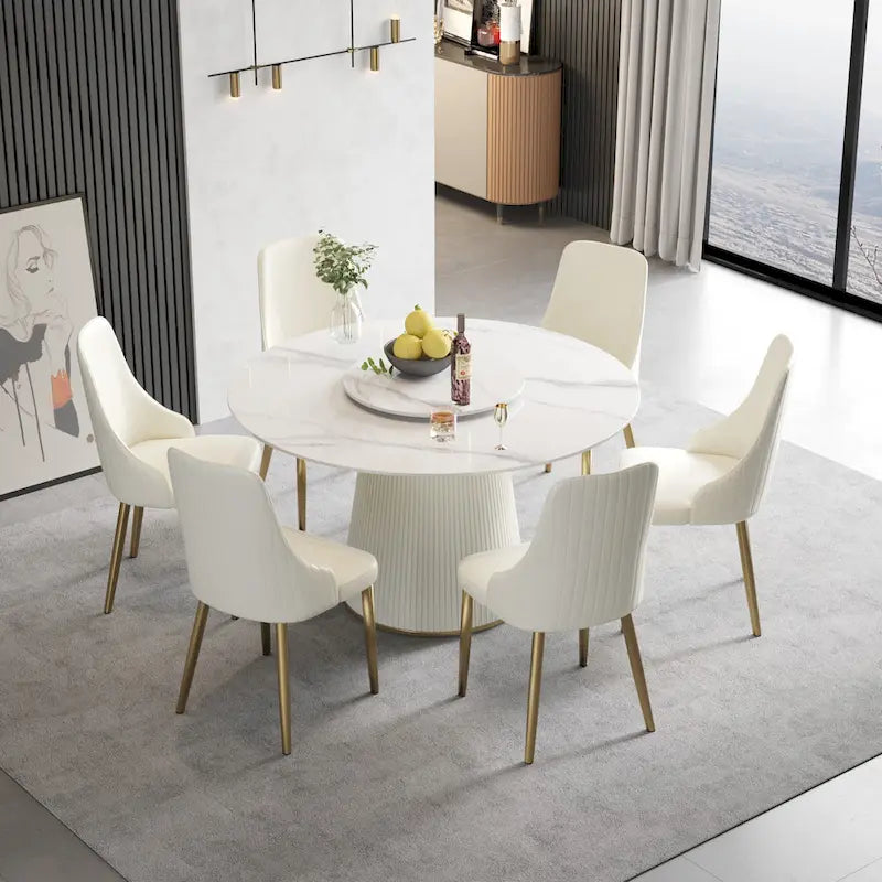 Table à manger ronde de 53 po pour 6 personnes avec plateau en pierre frittée et plateau tournant