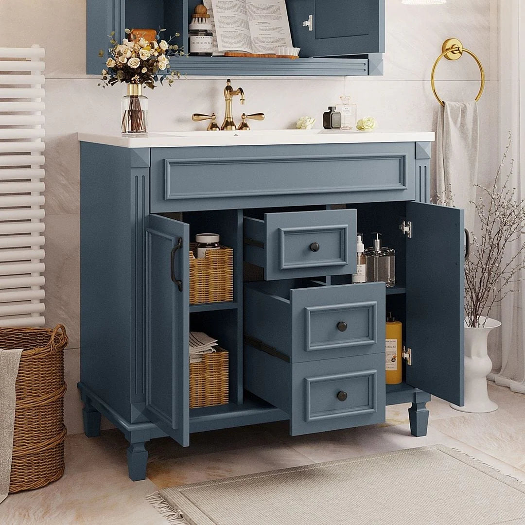 Meuble-lavabo de salle de bain moderne de 91 cm avec lavabo et armoire de toilette, 2 portes et 2 tiroirs
