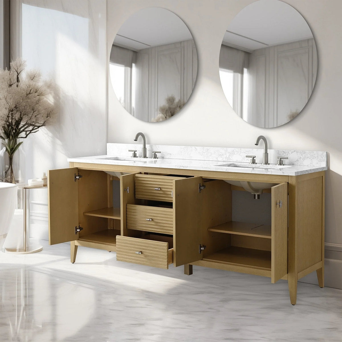 Meuble-lavabo de salle de bain Vanity Art 72 po à double vasque avec dessus en marbre reconstitué