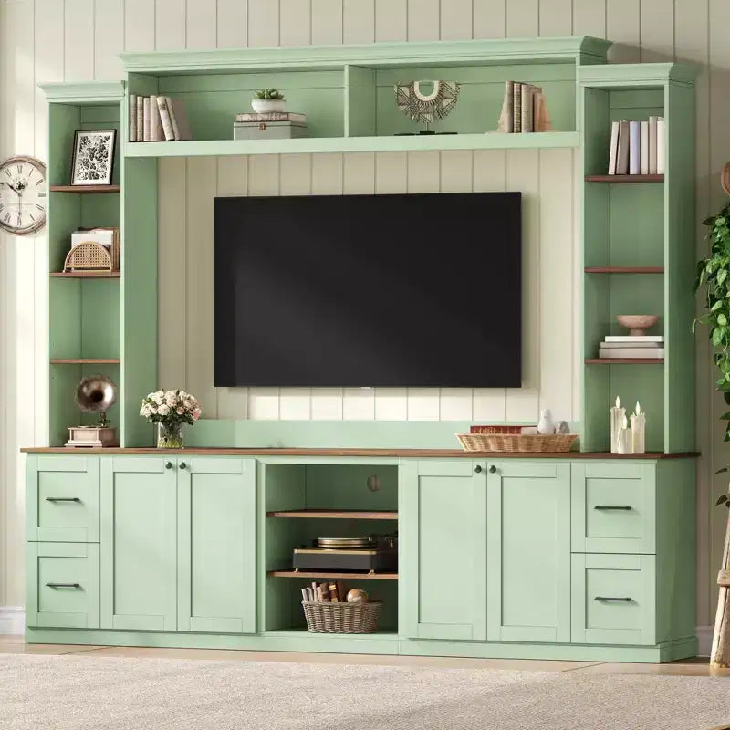 Meuble TV mural 4-en-1 ModernLuxe de style campagnard, convient aux téléviseurs jusqu'à 70 pouces, meuble TV console multimédia avec étagères réglables et tiroirs