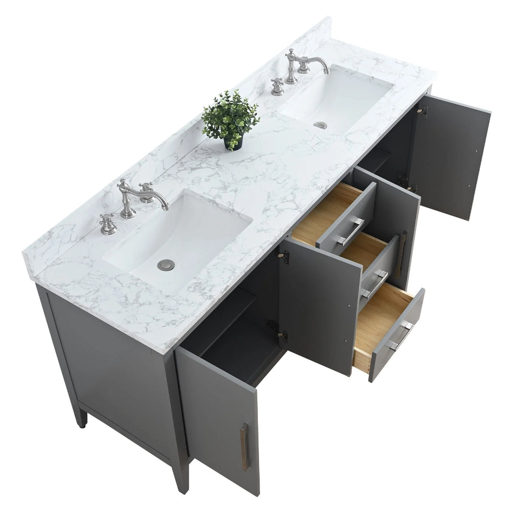 Meuble-lavabo de salle de bain Vanity Art 72 po à double vasque avec dessus en marbre reconstitué
