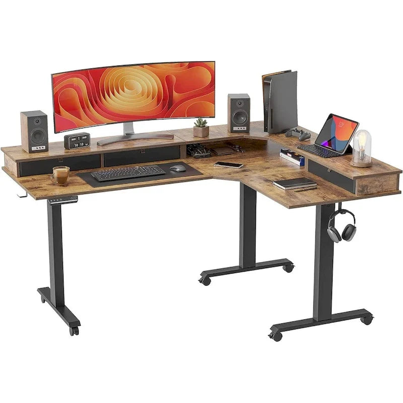Bureau d'angle électrique debout avec 3 tiroirs et roulettes verrouillables, 160
