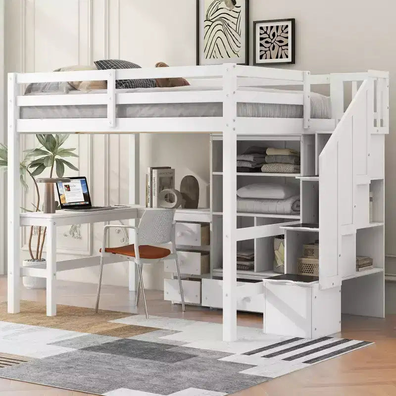 Lit mezzanine une place avec bureau en L, 3 tiroirs, placard, rangements intégrés dans l'escalier, en pin massif/MDF