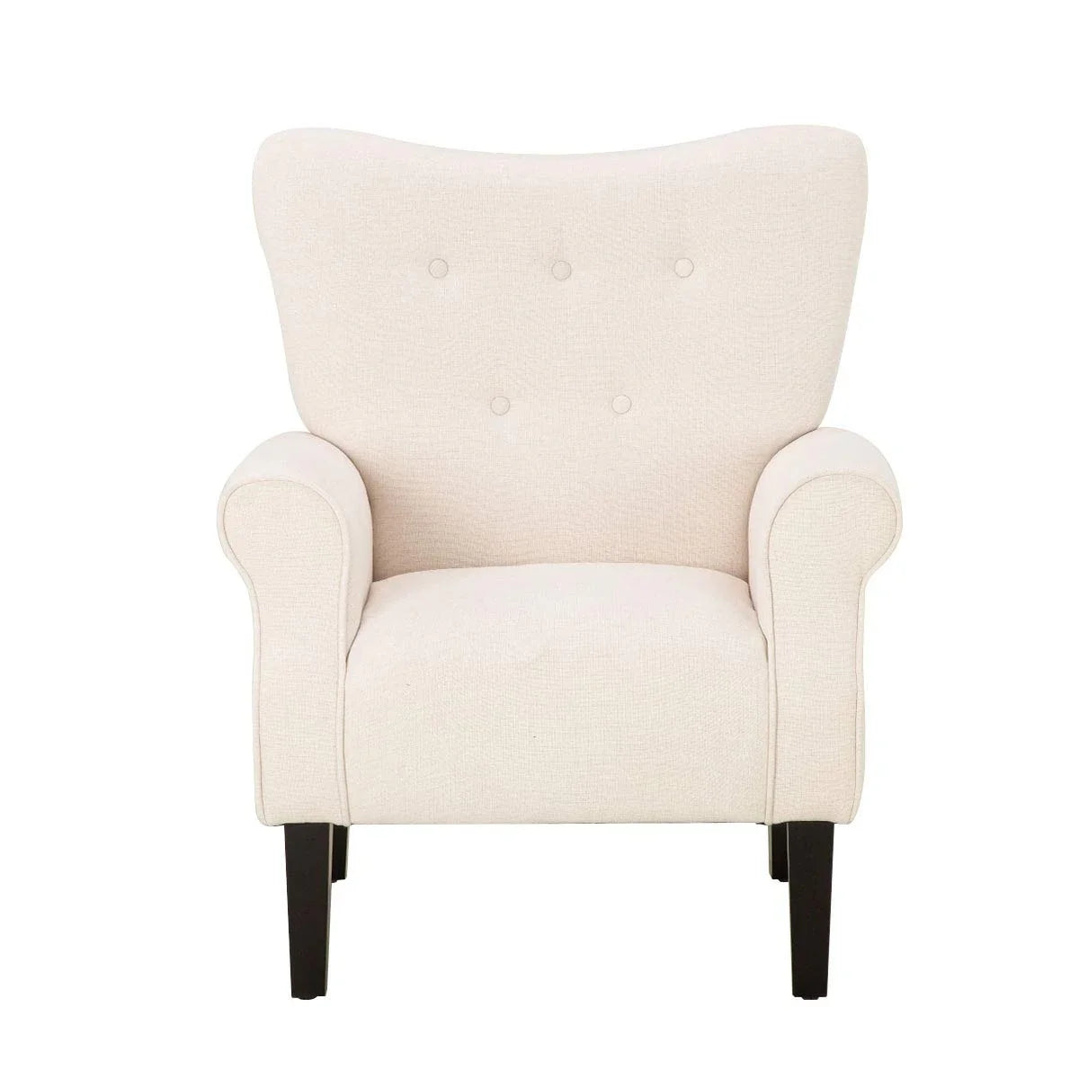 Fauteuil d'appoint moderne Erommy, fauteuil à dossier haut, canapé simple en tissu rembourré avec boutons et pieds en bois pour salon