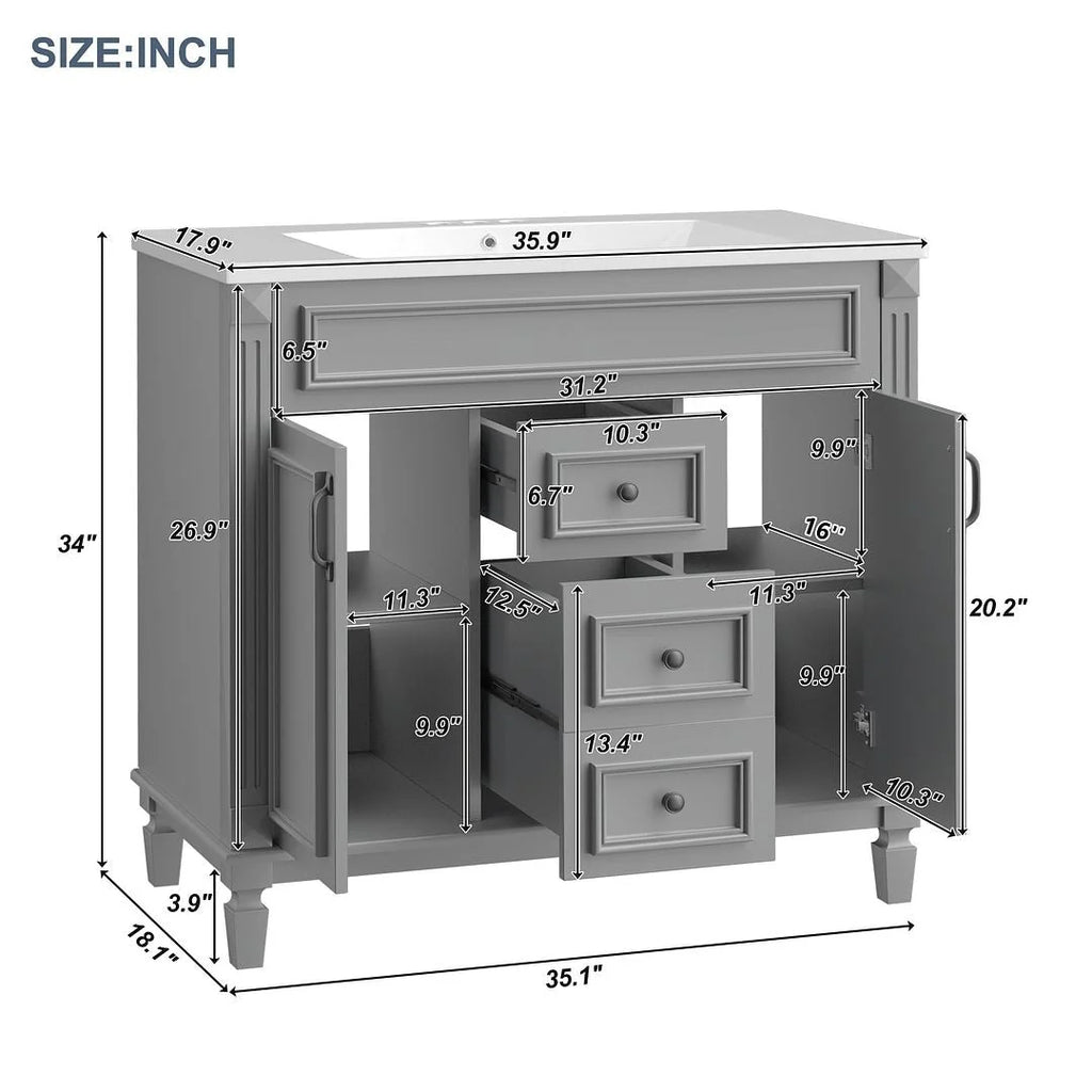Meuble-lavabo de salle de bain moderne de 91 cm avec lavabo et armoire de toilette, 2 portes et 2 tiroirs