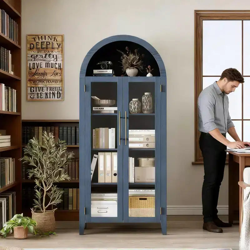 Haut meuble de rangement arqué avec portes vitrées, bibliothèque de présentation à 5 niveaux avec étagères réglables pour cuisine ou salon