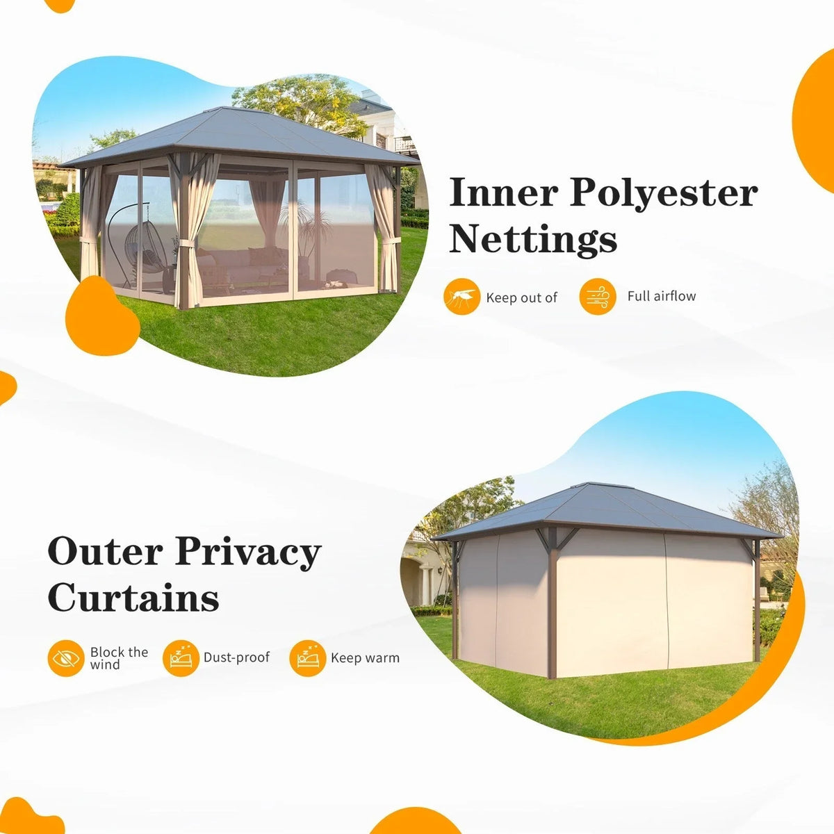 Tonnelle EROMMY à toit rigide, pergola extérieure avec double toit, moustiquaire et rideaux, auvent robuste pour patio, jardin, fête au bord de la piscine