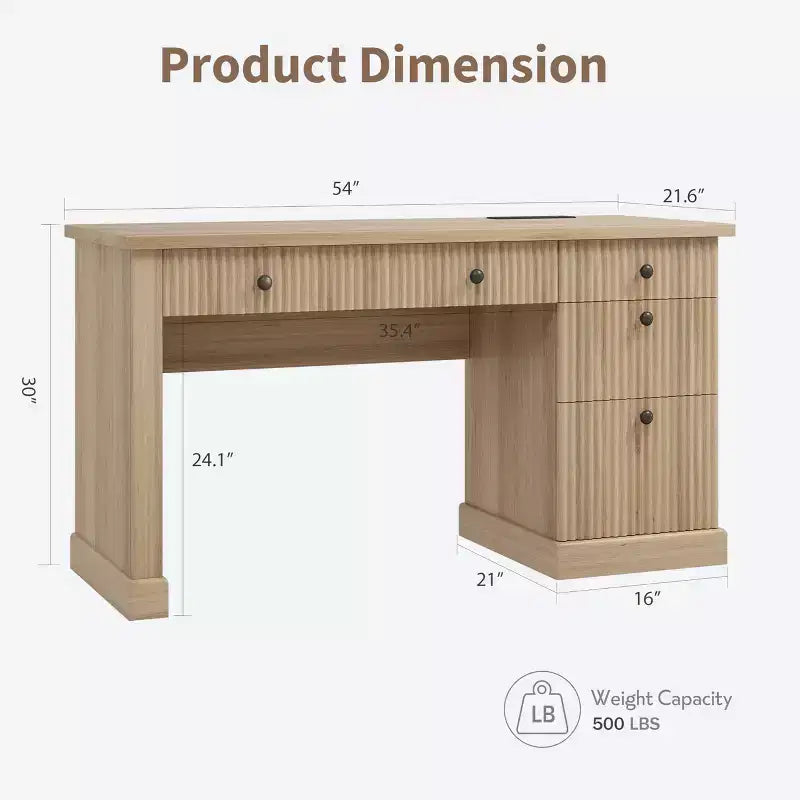 Meuble de rangement de bureau cannelé, bureau de direction moderne de 54 po avec station de recharge, bureau d'ordinateur en bois avec tiroirs classeurs pour bureau d'étude