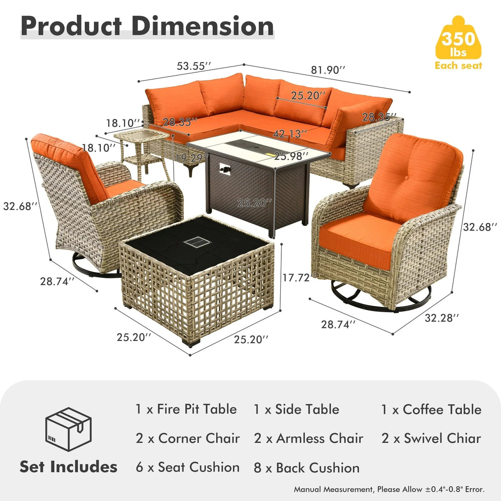 Ensemble de 9 chaises pivotantes en osier d'extérieur OVIOS avec table brasero