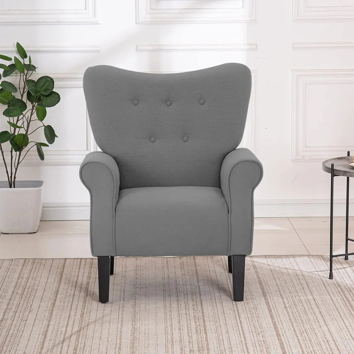 Fauteuil d'appoint moderne Erommy, fauteuil à dossier haut, canapé simple en tissu rembourré avec boutons et pieds en bois pour salon