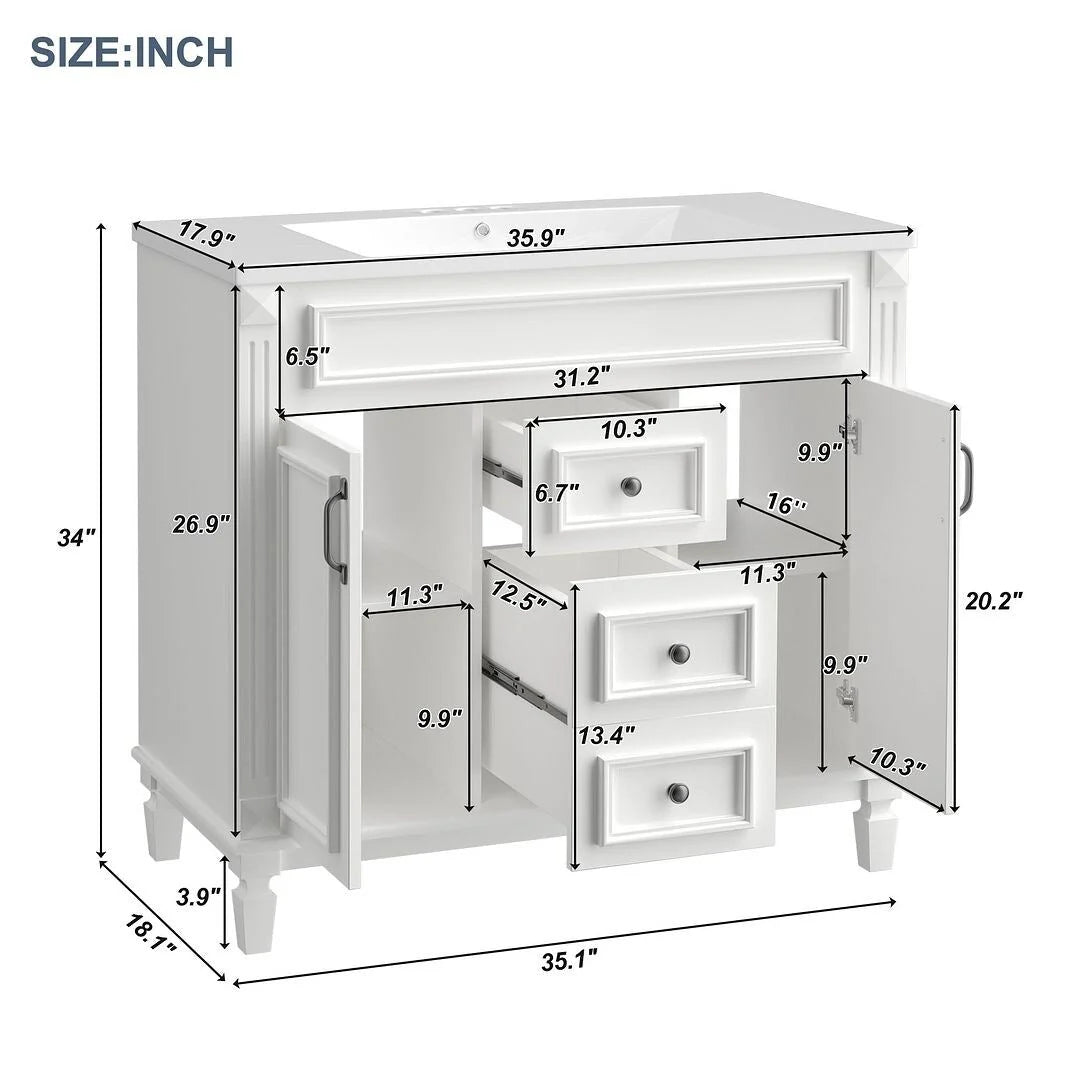 Meuble-lavabo de salle de bain moderne de 91 cm avec lavabo et armoire de toilette, 2 portes et 2 tiroirs