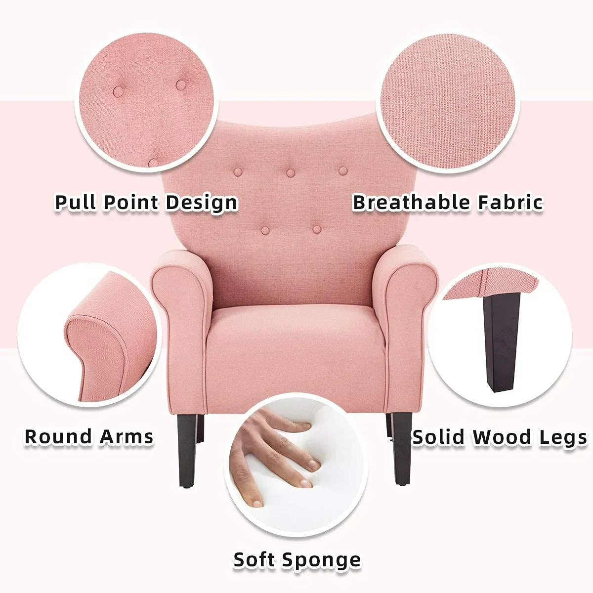 Fauteuil d'appoint moderne Erommy, fauteuil à dossier haut, canapé simple en tissu rembourré avec boutons et pieds en bois pour salon